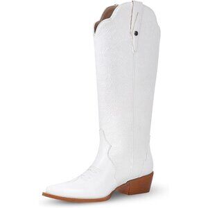 ⚡Women's White Vintage Knee High Embossed Western Cowgirl Boots with Pointed Toe